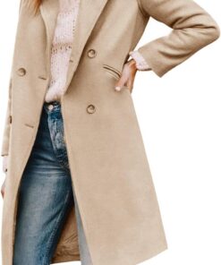 Cicy Bell Abrigo de invierno con cuello de solapa con muescas y doble botonadura para mujer, mezcla de lana, abrigos largos