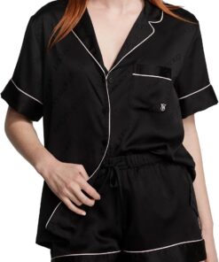 Victoria's Secret Conjunto de pijama de satén, camisa de manga corta con botones y pantalones cortos, ropa de dormir para mujer (XS-XXL)