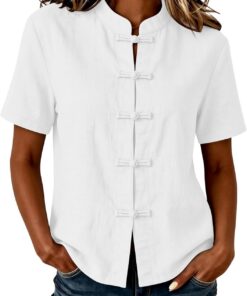 Camisas de manga corta para mujer, estilo étnico, vintage, abotonadas, con botones plegables, blusas orientales para mujer, blusas ligeras de verano, ropa tradicional china, ropa casual