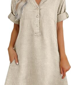 Vestido de lino para mujer, elegante, casual, cuello en V, de algodón, manga corta, maxi vestidos de verano 2026, holgado, por debajo de la rodilla, vestido de playa