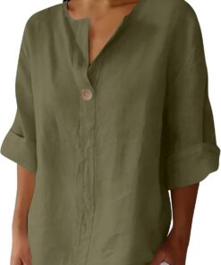 Blusa de verano de lino y algodón para mujer, blusas de cuello en V con muesca, estilo casual, holgada, manga 3/4, blusa larga para mujer, talla grande, Henley Today 2025
