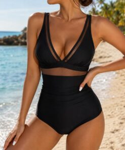 Traje de baño de una pieza de cintura alta para mujer, diseño de leopardo, cuello en V, control de abdomen, traje de baño retro adelgazante