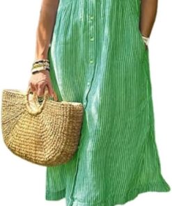Vestido camisero a rayas con solapa y botones y bolsillos funcionales, vestido largo casual de verano