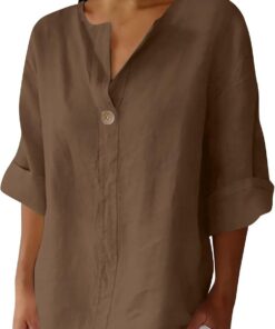 Blusa de verano de lino y algodón para mujer, blusas de cuello en V con muesca, estilo casual, holgada, manga 3/4, blusa larga para mujer, talla grande, Henley Today 2025