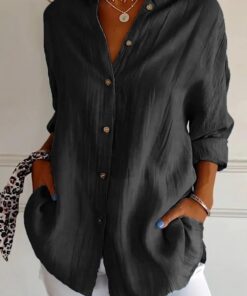 Camisa clásica plisada con solapa de un solo botonadura para mujer, blusa de trabajo de manga larga