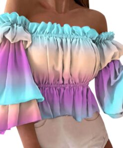 Camisa Camiseta Mujeres Sexy con Hombros Descubiertos Sexy Raya Blusa Casual Top Shirt Verano de Estampado de Flores Manga Larga Multicolor Tops TeñidoTops con Manga de Linterna