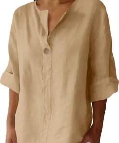 Blusa de verano de lino y algodón para mujer, blusas de cuello en V con muesca, estilo casual, holgada, manga 3/4, blusa larga para mujer, talla grande, Henley Today 2025