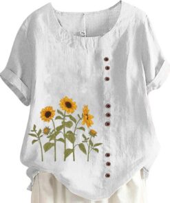 Camisa de algodón y lino con botones de verano para mujer, talla grande, con estampado floral, blusa de manga corta y cuello redondo