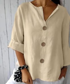 Camisa casual de mezcla de lino con botones para mujer, cuello en V, manga enrollada 3/4, ajuste holgado, versátil para el trabajo diario