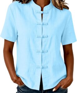 Camisas de manga corta para mujer, estilo étnico, vintage, abotonadas, con botones plegables, blusas orientales para mujer, blusas ligeras de verano, ropa tradicional china, ropa casual