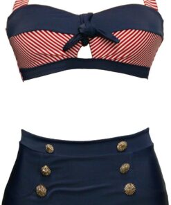 Bslingerie® Traje de baño de bikini de cintura alta retro vintage para mujer, talla grande