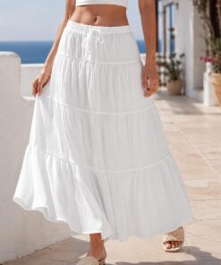 Falda larga para mujer con volantes y cintura elástica, estilo bohemio, acampanada, color blanco, acampanada, para primavera