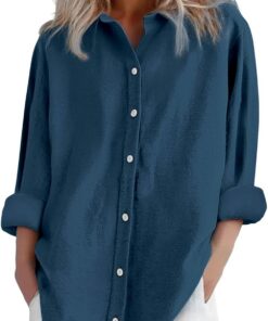 Camisas y blusas de lino para mujer, de manga larga, con botones, tallas grandes, básicas, para oficina, trabajo