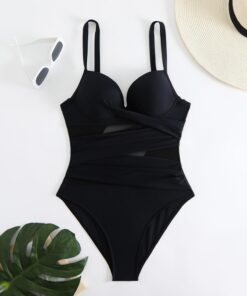 Traje de baño de una pieza para mujer, con aros, cruzado, push up, retro, fruncido, control de abdomen