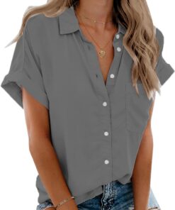 Camisas de manga corta para mujer, cuello en V, botones y bolsillos