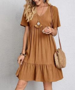 Vestidos de verano para mujer, de manga corta, cuello en V, longitud a la rodilla, plisados, con volantes, vestidos de playa