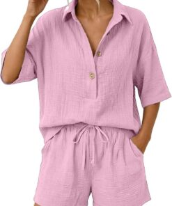Genérico Conjuntos Mujer Verano Casual Dos Piezas Pantalon Cortos y Blusa Elegante Conjunto Lino Chándal Camisa Manga Corta Conjunto de Verano Ropa de Playa Chandal con Bolsillos