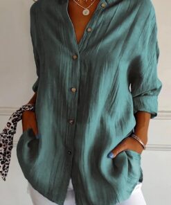 Camisa clásica plisada con solapa de un solo botonadura para mujer, blusa de trabajo de manga larga