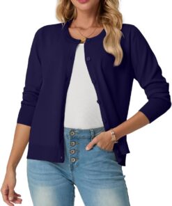 GRECERELLE Cárdigan suave de verano para mujer, bonito y ligero, cuello redondo, manga larga, suéter de punto sólido, suéteres casuales con botones para mujer, noches de verano y citas