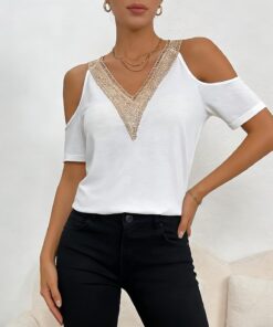 Camiseta de manga corta con cuello en V y hombros descubiertos para primavera y verano, con ribete de encaje, ropa casual para mujer
