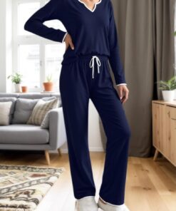 Conjunto de pijama de 2 piezas para mujer, ropa de dormir con cuello en V, camiseta de manga larga y pantalones con cordón para invierno y otoño