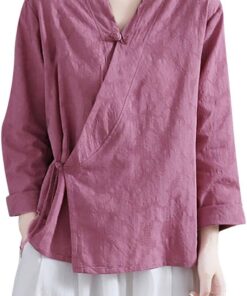 Camisas de manga larga para mujer, elegante, cuello en V, Qipao Cheongsam, blusa ligera e informal con cuello mandarín, estilo étnico vintage, con botones, ropa tradicional china