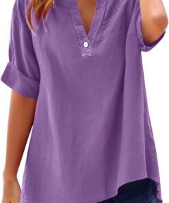 Camisas de lino para mujer, talla grande, de manga corta, con botones, para verano, casual, holgada, cómoda, de gasa de algodón