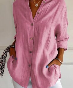 Camisa clásica plisada con solapa de un solo botonadura para mujer, blusa de trabajo de manga larga
