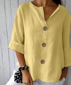 Camisa casual de mezcla de lino con botones para mujer, cuello en V, manga enrollada 3/4, ajuste holgado, versátil para el trabajo diario