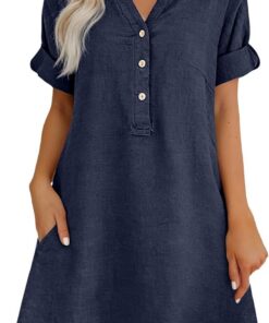Vestido de lino para mujer, elegante, casual, cuello en V, de algodón, manga corta, maxi vestidos de verano 2026, holgado, por debajo de la rodilla, vestido de playa