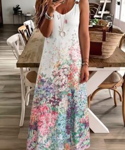 Vestido largo sin mangas con cuello en V para mujer, talla grande, estampado de mariposas, casual, para uso diario y verano, playa, vacaciones, vestido suelto