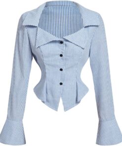 Camisa de manga larga con botones y cuello de solapa para mujer, de corte entallado, para el trabajo