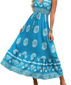 Vestido largo de verano para mujer, estampado floral, cuello en V, sin mangas, bohemio, playa, casual, vestido de viaje, DJ583