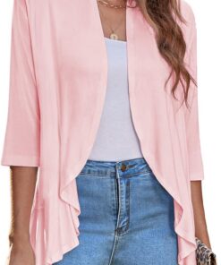 Zeagoo Cárdigan abierto para mujer, manga 3/4, drapeado, con volantes, suéter de punto suave S-3XL