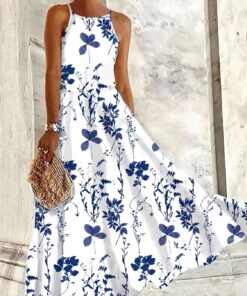 Vestido largo de verano con cuello halter y estampado floral azul para mujer, vestido bohemio sin mangas para vacaciones