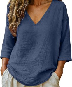 Blusas de lino para mujer, tallas grandes, camisas de gasa de verano, manga 3/4, cuello en V, blusas elegantes, informales, ropa holgada