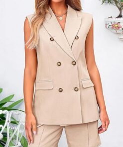 Conjunto de 2 piezas para mujer, con bolsillos, botones, sin mangas, chaleco y pantalones cortos, para primavera, trabajo, negocios, casual, para primavera