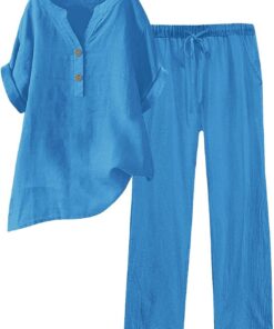 Conjunto de 2 Piezas de Lino para Mujer, Camisa y Pantalones con Botones, Casual, Holgado, para Playa, Vacaciones, Verano