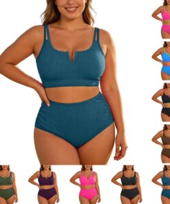 Bikini de dos piezas para mujer de talla grande, cintura alta con control de abdomen, acanalado con alambre en V, tirantes ajustables, traje de baño 2026 para mujeres con curvas, ideal para playa y