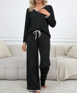 Conjunto de pijama para mujer, manga larga, cuello en V, ropa de descanso de dos piezas con pantalones con cordón, ajuste relajado, ropa de dormir suave para el hogar o viajes