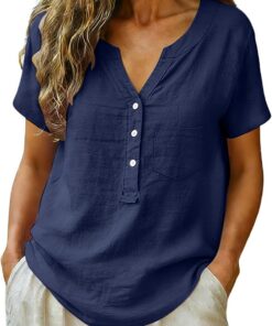 Blusas de lino y algodón para mujer, de manga corta, con bolsillo, talla grande, con botones, cuello en V, camisetas de verano