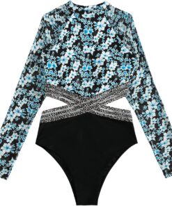 Traje de baño de una pieza de manga larga con corte floral para mujer, con control de abdomen