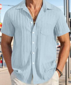 Camisas de vestir casuales de manga corta con botones para hombre, con bolsillo, texturizada, para negocios, verano, playa, camisa con botones