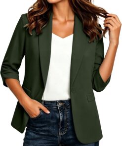 HUIFUAO - Blazers y chaquetas de traje de manga 3/4 para mujer, cuello en V, solapa de 1 botón, para trabajo, oficina, negocios, casual, elegante, para uso diario, para salir