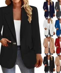 HUIFUAO Blazers para mujer, talla grande, cuello en V, traje de trabajo, chaqueta de trabajo, elegante, casual, manga larga, 1 botón, solapa con bolsillo, caqui, XXL