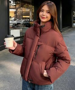 Chaqueta acolchada corta para mujer, abrigo de invierno cálido con cuello alto | El cuello alto ayuda a bloquear el viento frío