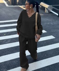 Conjunto de 2 piezas para mujer, sudadera de manga larga, pantalones de pierna ancha con bolsillos, chándal y ropa de descanso