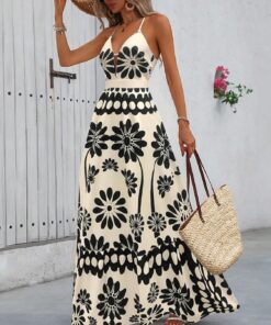 Vestido largo con estampado floral blanco y negro para mujer, cuello halter, cuello en V, espalda descubierta, vestido de playa de verano, Blanco sucio, M-L