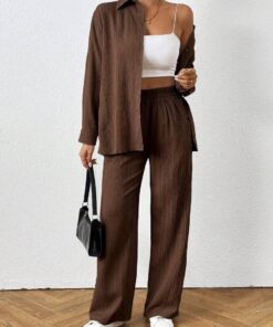 Conjunto de 2 piezas para mujer, conjunto casual de camisa de manga larga con botones y pantalones de pierna ancha, conjunto de chándal