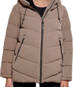 DKNY Faux Fur Lined Hood Puffer Jacket Abrigo Alternativo de plumón para Mujer